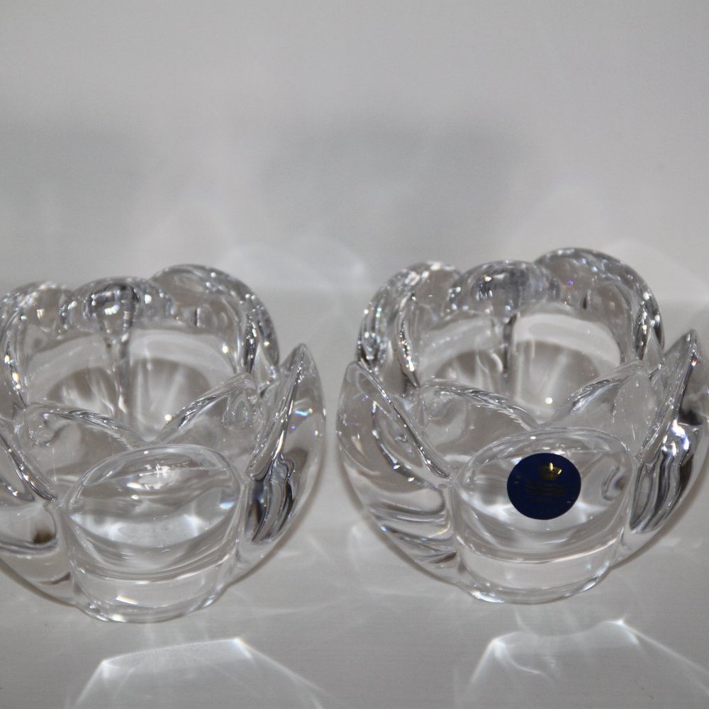 Royal Copenhagen Denmark New Crystal Glass “Lotus” Flower Candle Holders  a Pair